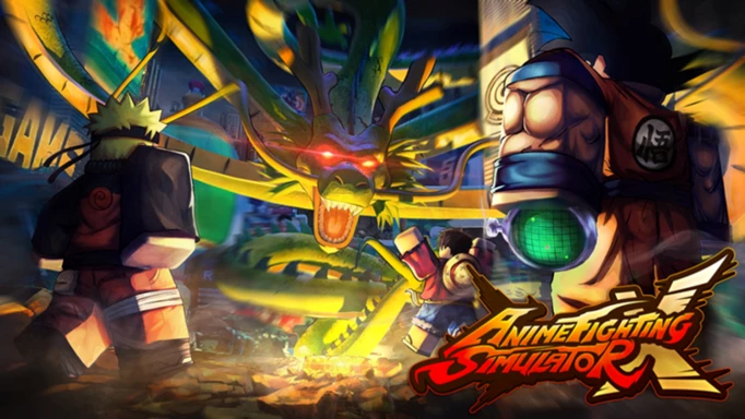 Anime Fighting Simulator X cover art featuring Naruto, Luffy, and Goku
