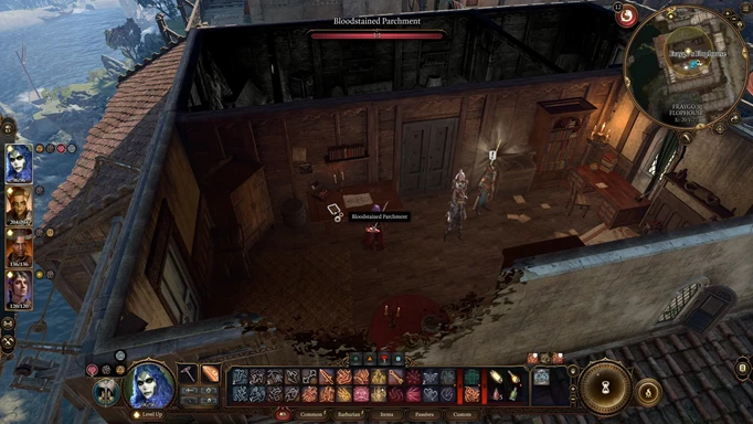 an image of the Bloodstaiend Parchment, which shows how to solve the Open Hand Temple Murders quest in Baldur's Gate 3
