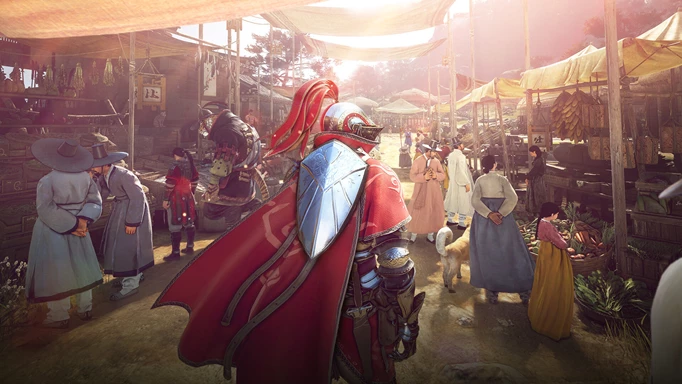 Image of a knight in a market in Black Desert Online, one of the best mmo games