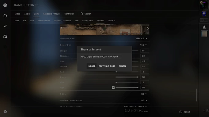 screenshot showing the share or import screen for crosshairs in CSGO