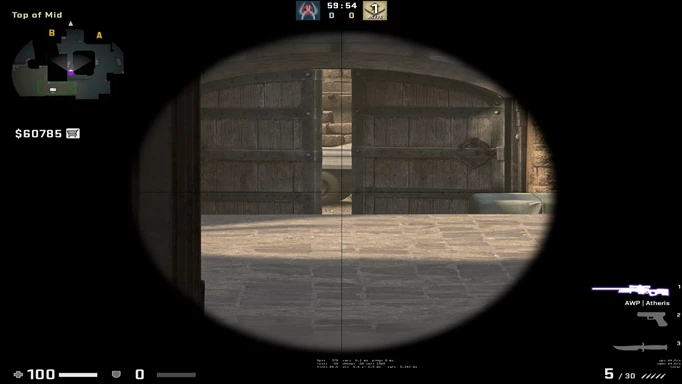 Screenshot of a stretched res AWP scope on Dust2 in CS:GO