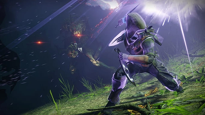 Key art of a Hunter fighting enemies with a knife in Destiny 2, while some Vex approach from the shadows
