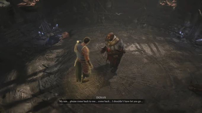 Donan speaking to a phantom of his son in Diablo 4