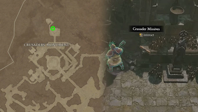 A gameplay screenshot and the map location of the Crusader Missives in Diablo 4