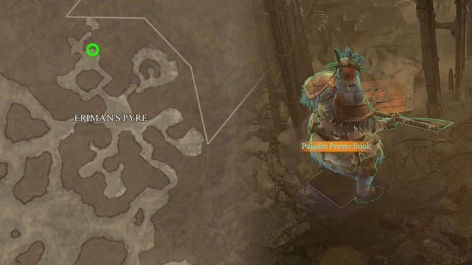 A gameplay screenshot and map location for the Paladin's Prayerbook in Diablo 4