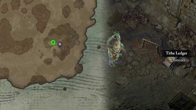 A gameplay screenshot and map location for the Tithe Book in Diablo 4