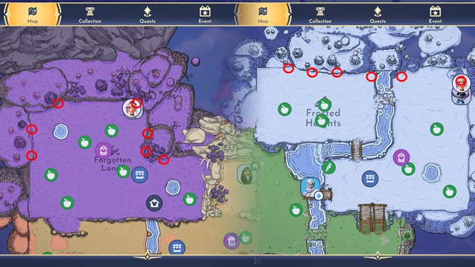 Disney Dreamlight Valley image showing all Amethyst mining spots in the Frosted Heights and Forgotten Lands biomes