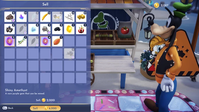 Disney Dreamlight Valley screenshot of selling Amethyst and Shiny Amethyst at Goofy's Stall