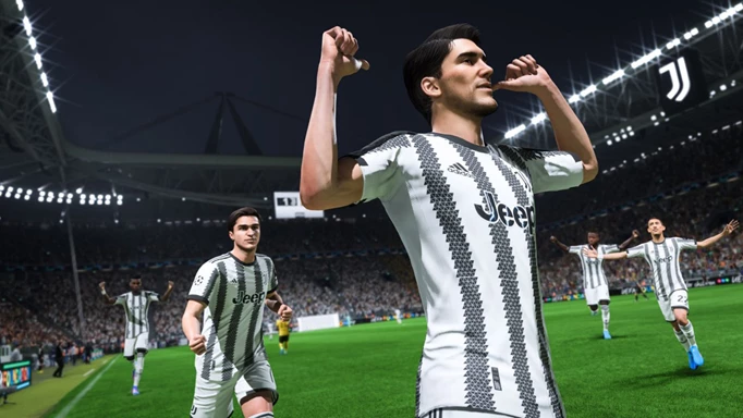 Screenshot of Dusan Vlahovic and Federico Chiesa celebrating in FIFA 23