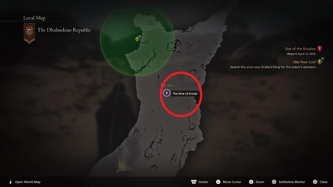 The Final Fantasy 16 The Nine of Knives hunt location marked on the map