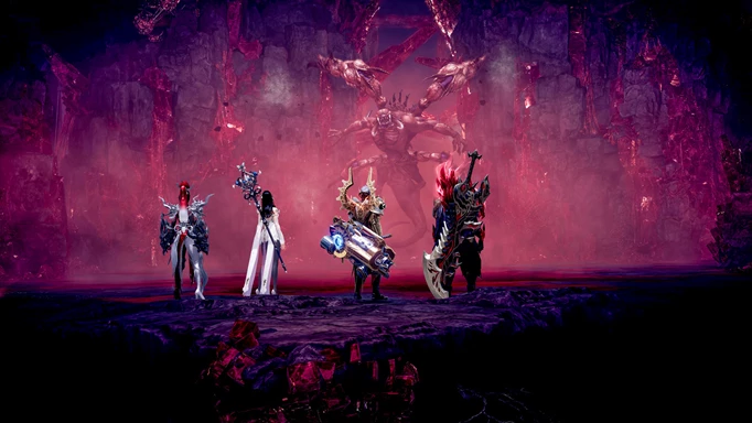 Image of four characters stood in front of a boss in Lost Ark
