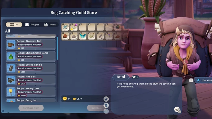 Palia in-game screenshot of the Bug Catching Guild Store, which sells Belt upgrades