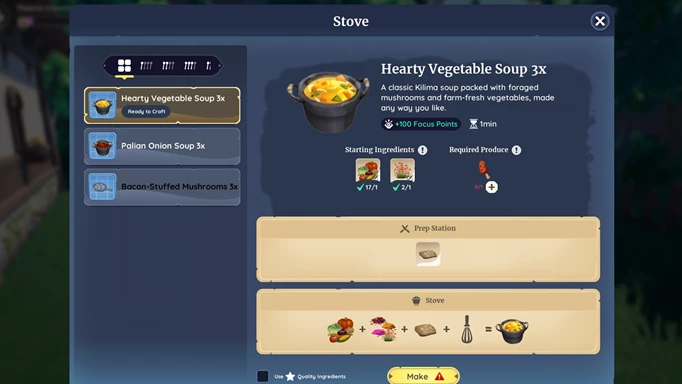 Screenshot of the Hearty Vegetable Soup recipe in Palia