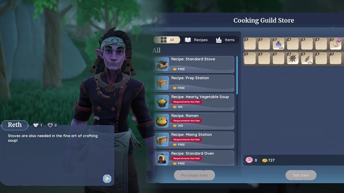 Screenshot of Reth's store in Palia, where you can get cooking recipes