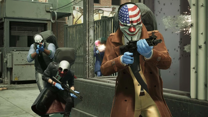 Three heisters wearing masks and carrying money from the vault in PAYDAY 3