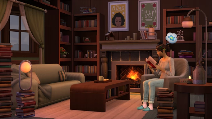 A Sim reading surrounded by items from the Book Nook Kit