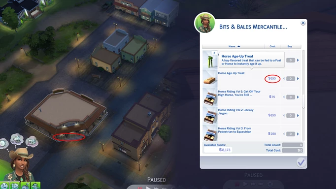 Screenshot showing where to get Horse Age-Up Treats in The Sims 4: Horse Ranch
