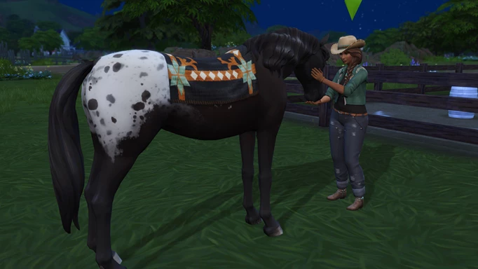 Screenshot of feeding a Horse Age-Up Treat in The Sims 4: Horse Ranch