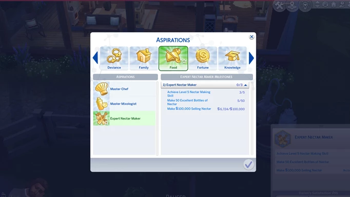 Screenshot of the Nectar Maker aspiration in The Sims 4 Horse Ranch