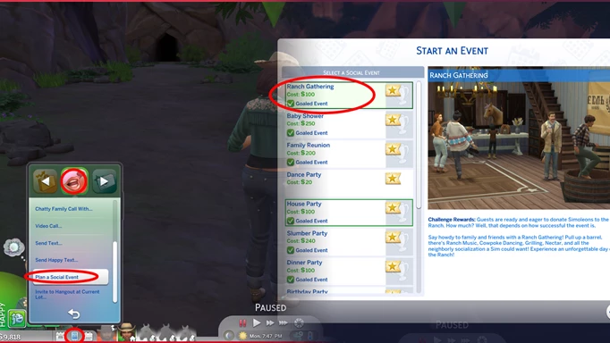 Screenshot in-game showing how to plan a Ranch Gathering in The Sims 4 Horse Ranch