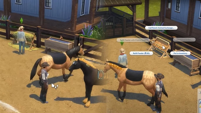 Screenshot showing how to refill a feeder in The Sims 4 Horse Ranch