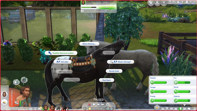 Option to soothe a horse into labour in The Sims 4 Horse Ranch