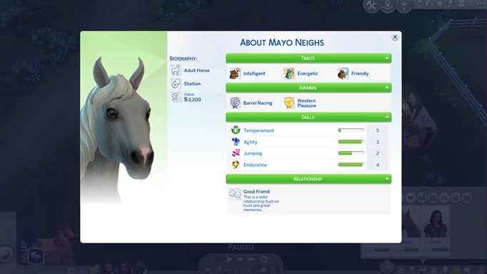 Screenshot of a horse's skills in The Sims 4 Horse Ranch