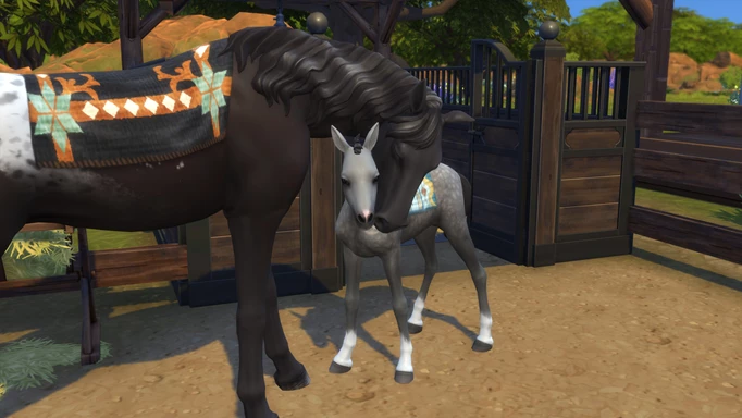 Screenshot of a horse and its newborn foal in The Sims 4 Horse Ranch