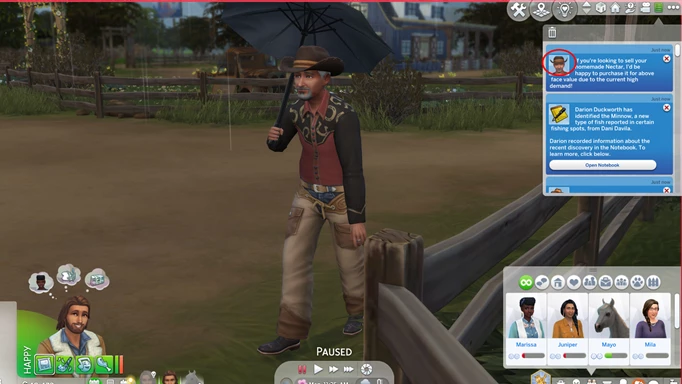 Screenshot showing how to find the Mysterious Rancher in The Sims 4 Horse Ranch