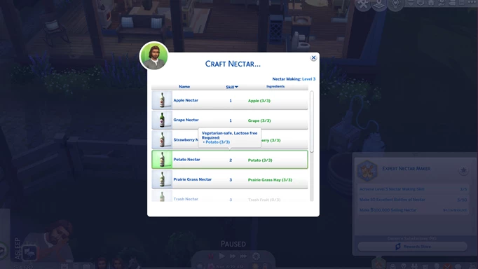 Screenshot of different Nectar recipes in The Sims 4 Horse Ranch