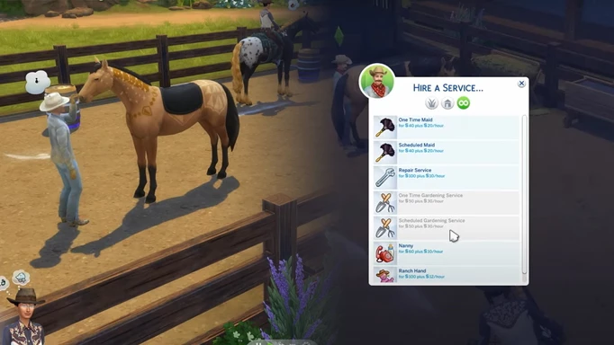 Screenshot showing how to hire a Ranch Hand via the phone in The Sims 4