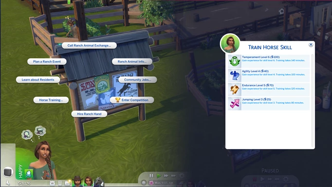 Screenshot showing ways to train horses in The Sims 4 Horse Ranch