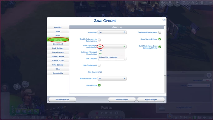 Screenshot of game options to stop ageing in The Sims 4