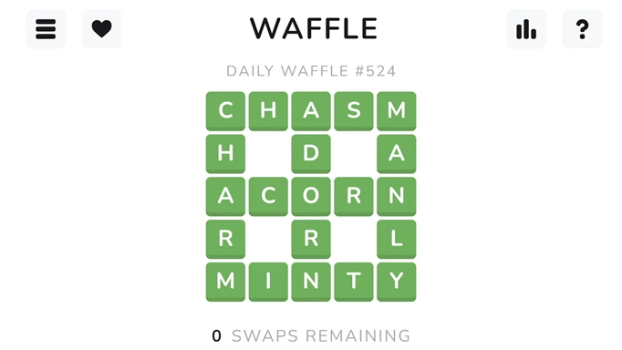 Image of the completed Waffle answers