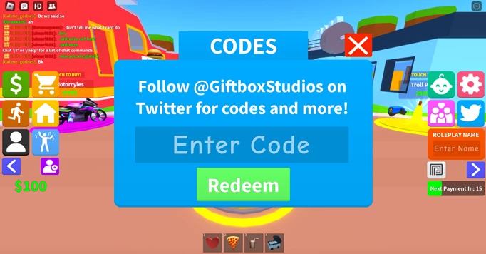 The codes redemption screen in Dream Life for Roblox