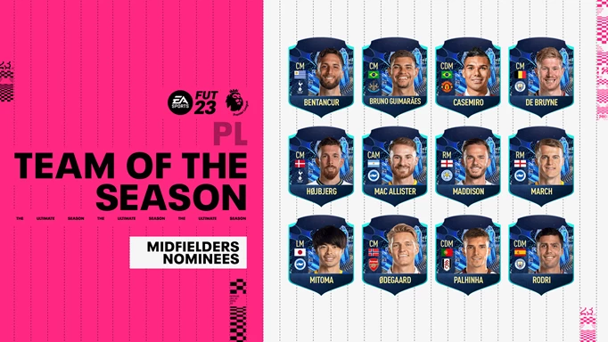 Infographic of the FIFA 23 Premier League TOTS midfielder nominees
