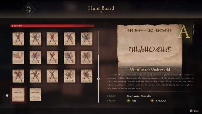 The Hunt Board, displaying the details of the Usher to the Underworld hunt in Final Fantasy 16