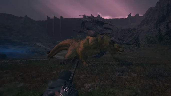 Clive facing the Behemoth King, the enemy of the Masterless Marauder Hunt in Final Fantasy 16