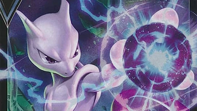 Mewtwo, as they appear on a V-grade Pokemon card.