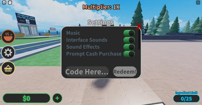 The code redemption screen in Soup Factory Tycoon for Roblox